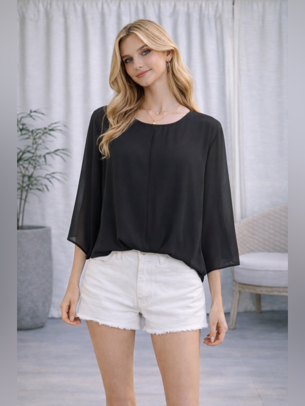 Foreign Exchange Black Sheer Batwing Blouse Dolman Sleeve Flowy Top | Size S